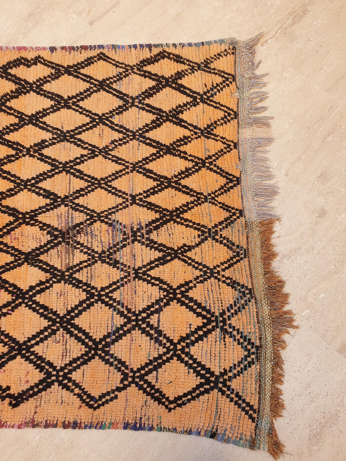 Vintage Moroccan Boujaad Rug Amber Orange with Black Diamond Pattern •  3.6 x 5.6 ft •