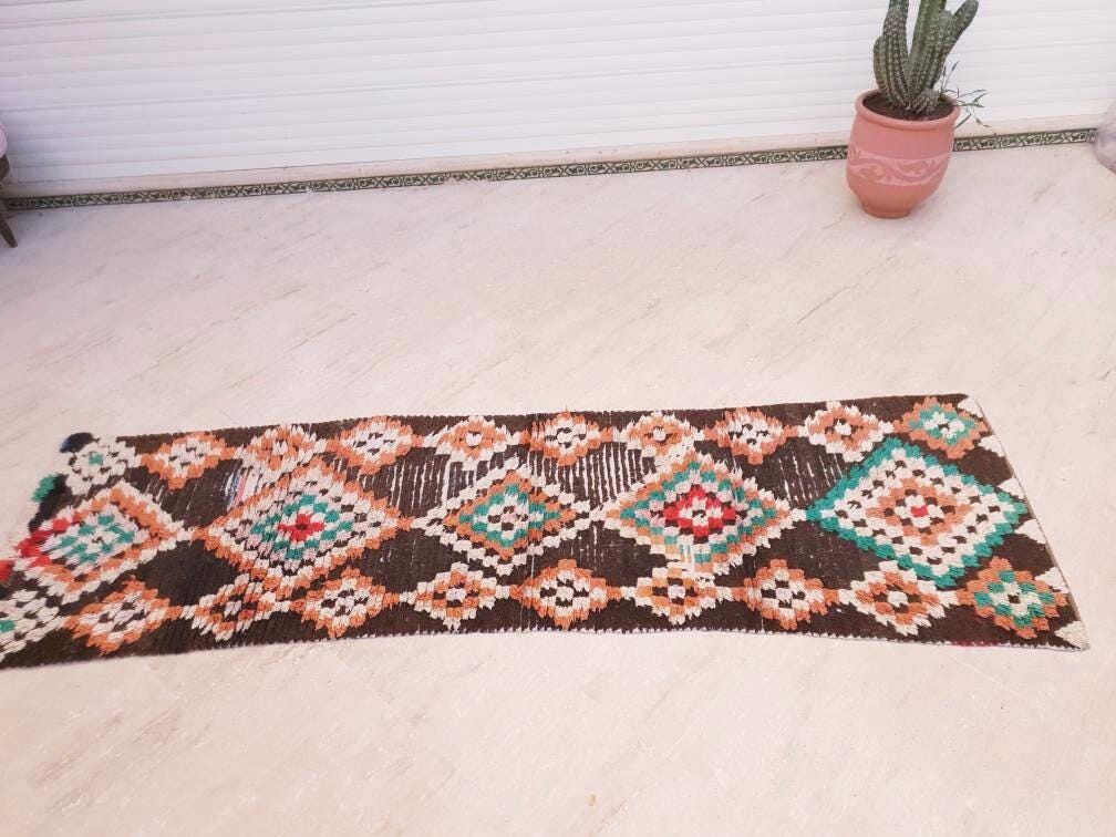 Vintage Moroccan Rug 2.6x9.2 Brown Boho retro runner Rug Morrocan rug  bedroom rug, living room rug boujaad accent rug
