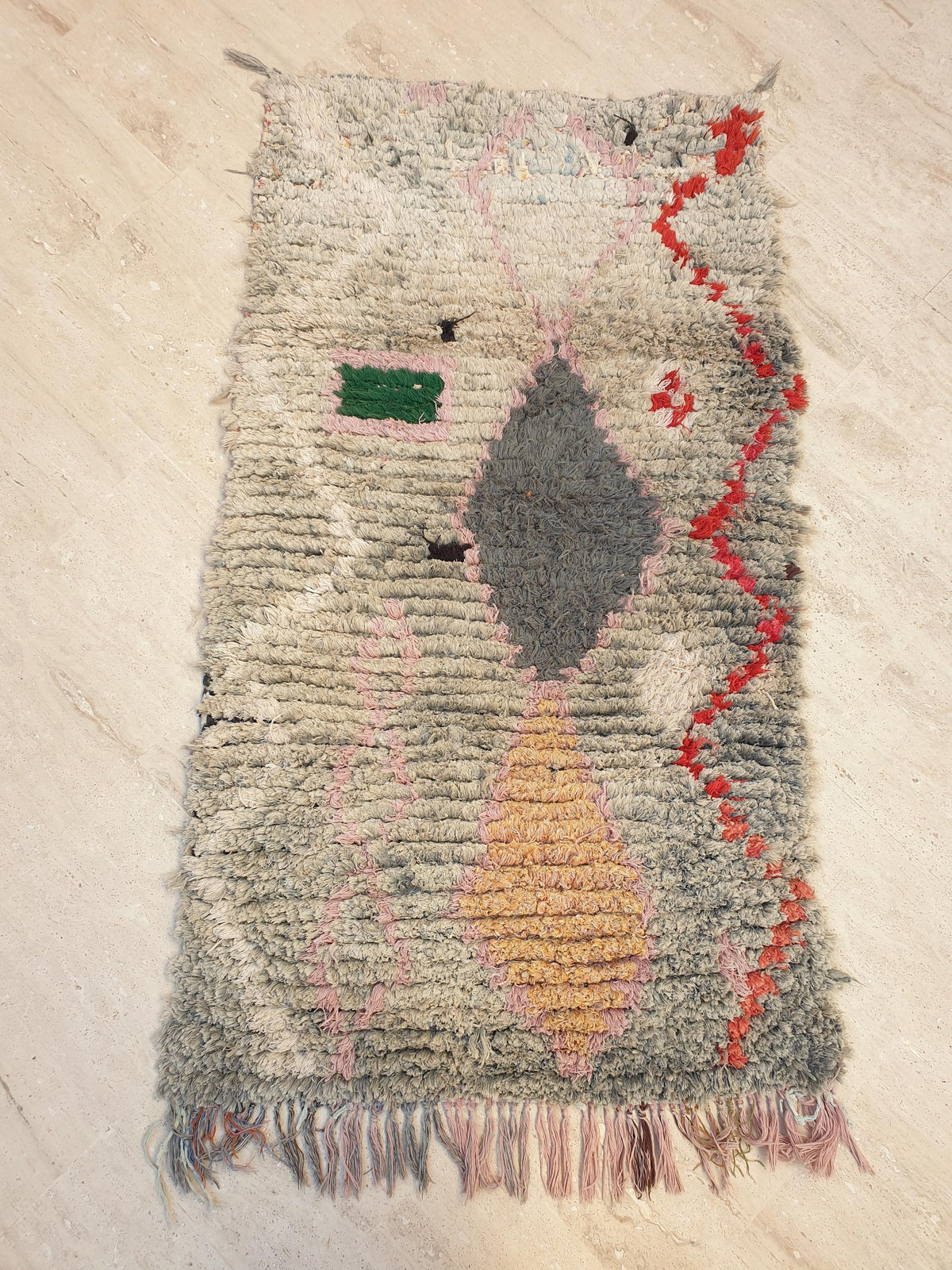 Unique Vintage Moroccan Accent Rug Soft Grey Blush with Tangerine Abstract Motif 2.5x4.6 ft