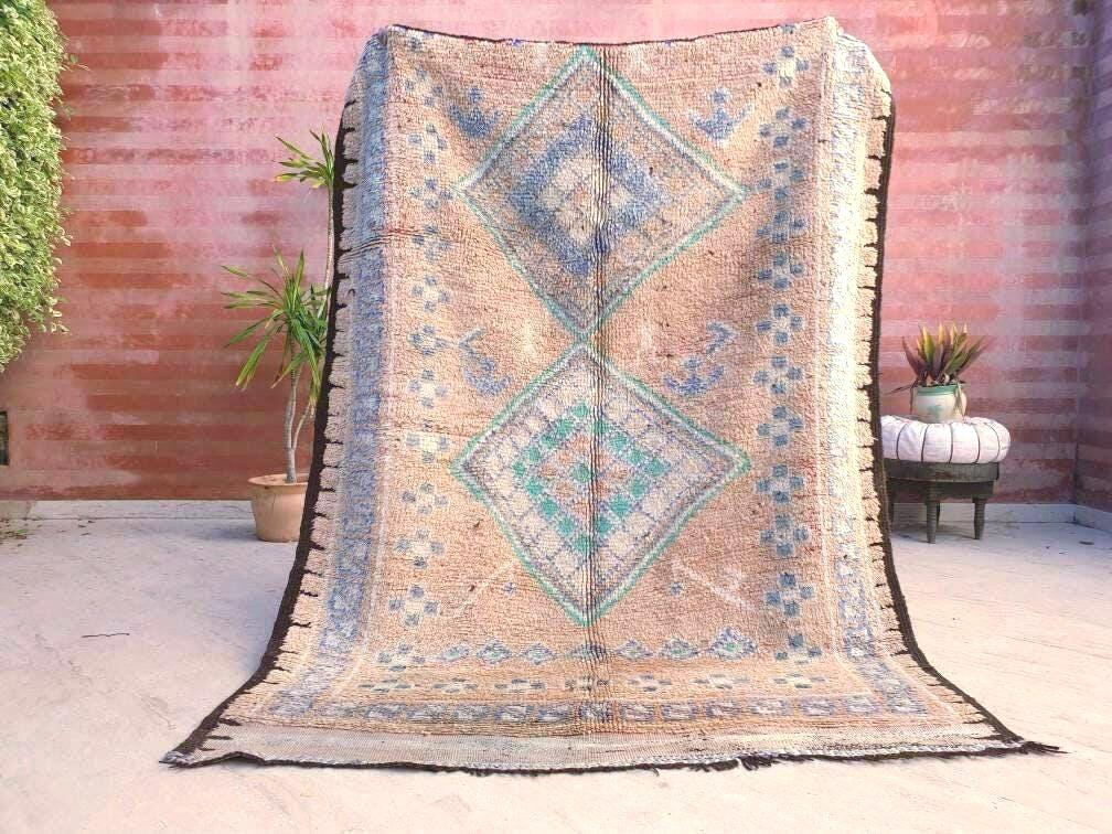 Vintage Moroccan Rug 5.4x7 Marvelous large cream rug Latté Boujaad Teal Beige rug, pastels morocan rug, squarish carpet