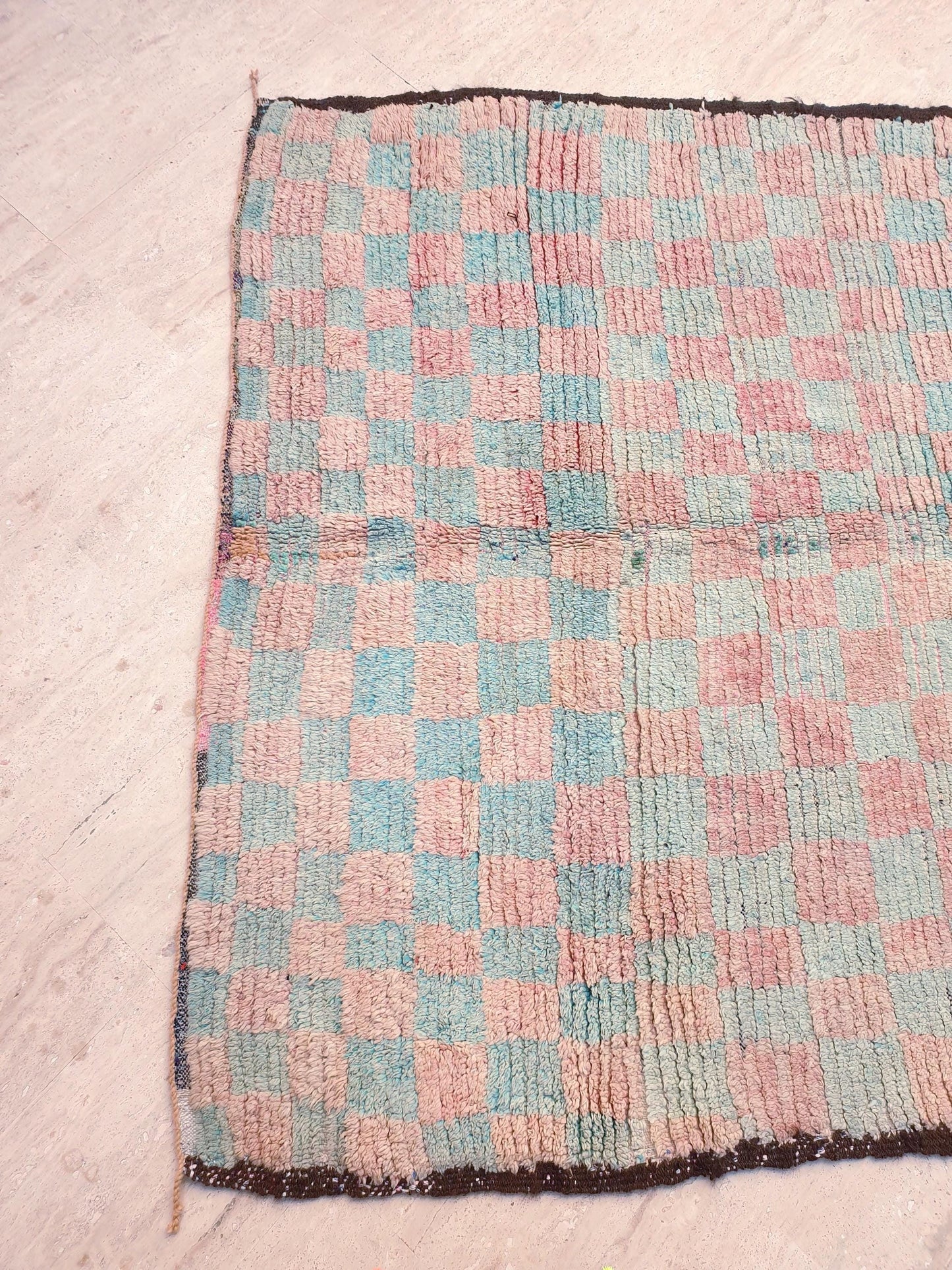 Pastel Checkered Boujaad Rug, 5.1x5.4 ft pastel aqua blush rug, Vintage Moroccan rug, Vintage Boujaad squarish rug