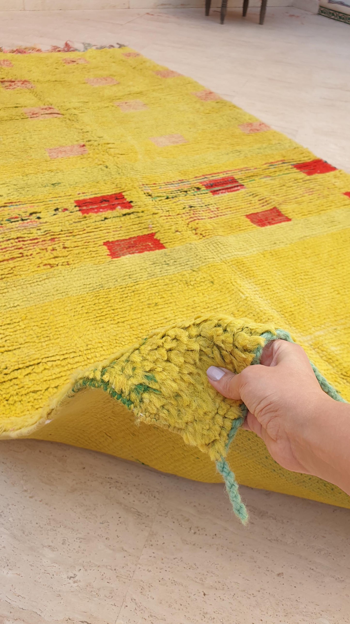 Vintage Moroccan Boujaad Rug KISS of Klimt, Yellow Wool with Red Accents, 4.2x8.6 ft
