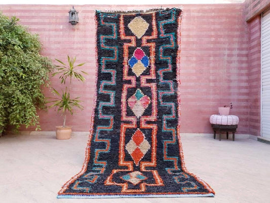 Vintage Moroccan rug | Unique boucherouite rug | 3.6x8.6 Moroccan rug | "Charcoal and Orange" Hallway Rug | living room rug | boujaad Rug