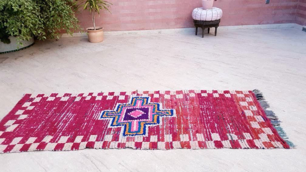 Vintage Moroccan rug 3.1x8.1 Gorgeous Boujaad runner rug, Maroon Beet Purple Boujad rug, Entry hallway rug