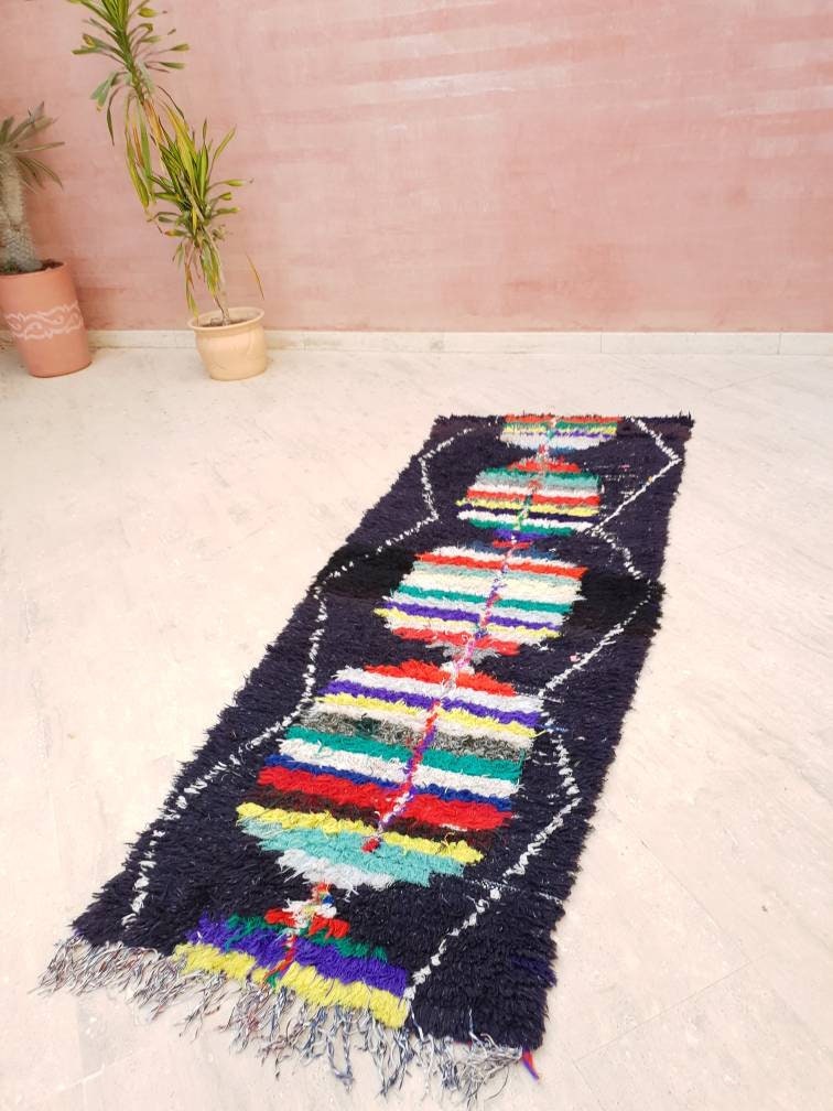 Vintage Moroccan Rug 2.7x7.5 black navy Runner Rug, Azilal rug, Black boucherouite rug, living room rug morrocan bedroom rug, boho rug,