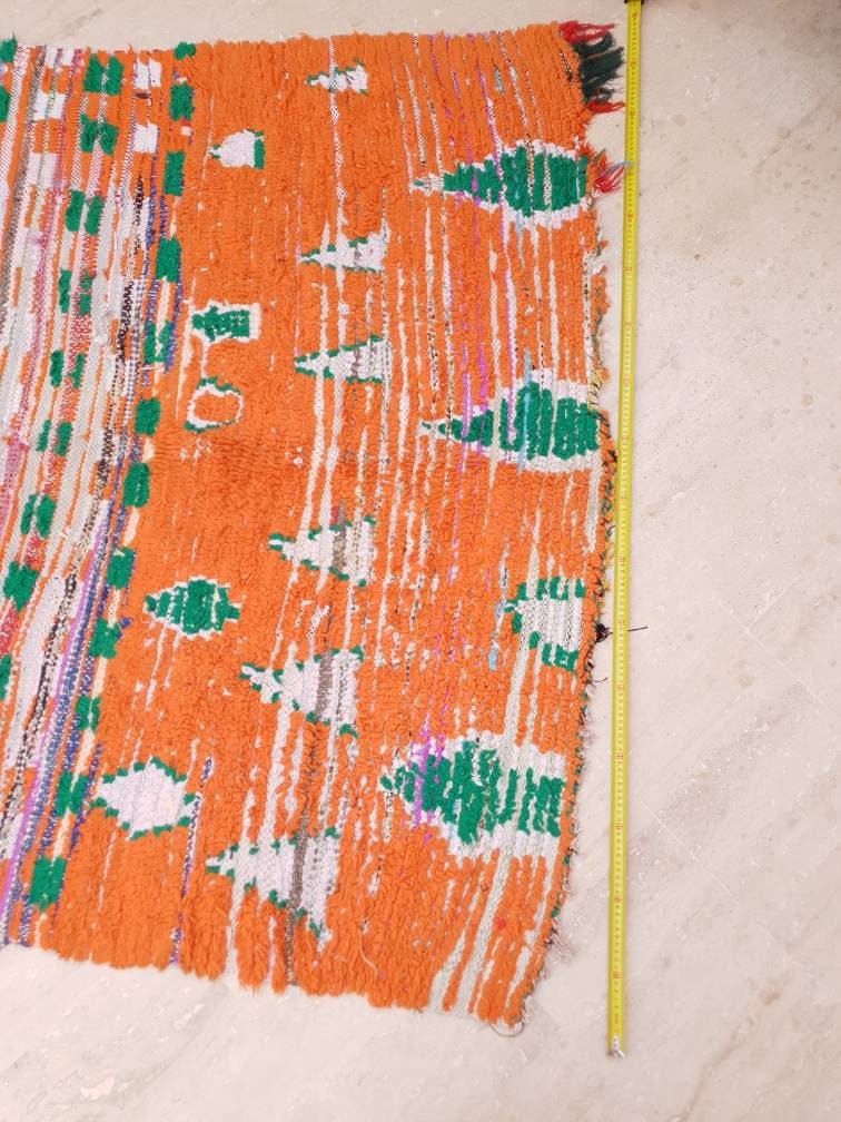 Vintage Moroccan Rug 5x6.7 Stunning Orange Super Unique Boujaad Rug, Green & Lilac Accents, abstract Living room rug