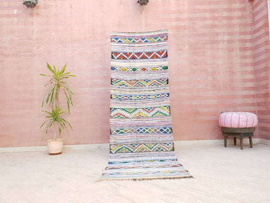 Vintage Moroccan Kilim Runner Rug, Handwoven Berber Wool (2.9x8.7 ft)
