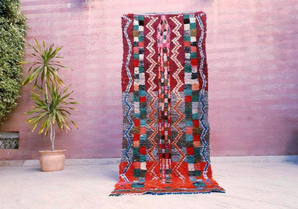 Vintage Orange Red Moroccan Rug 2.9x7.1 Unique Berber Azilal Rug
