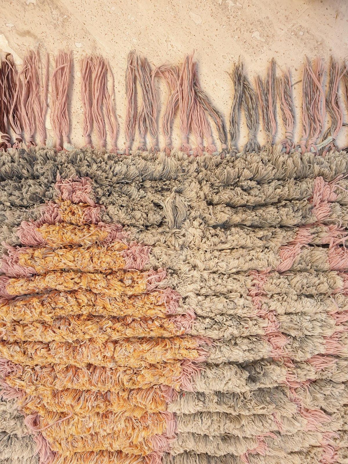 Unique Vintage Moroccan Accent Rug Soft Grey Blush with Tangerine Abstract Motif 2.5x4.6 ft