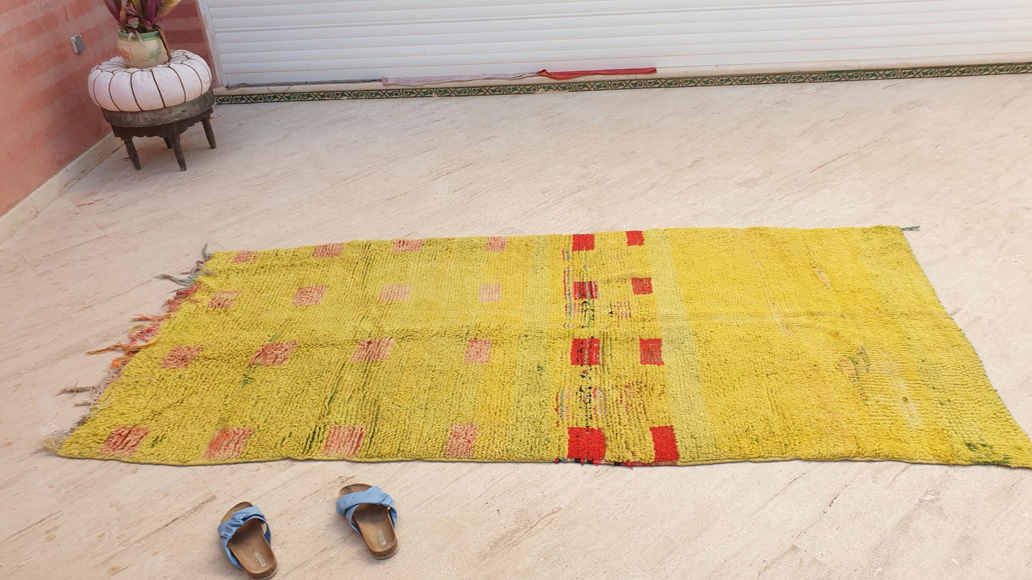 Vintage Moroccan Boujaad Rug KISS of Klimt, Yellow Wool with Red Accents, 4.2x8.6 ft