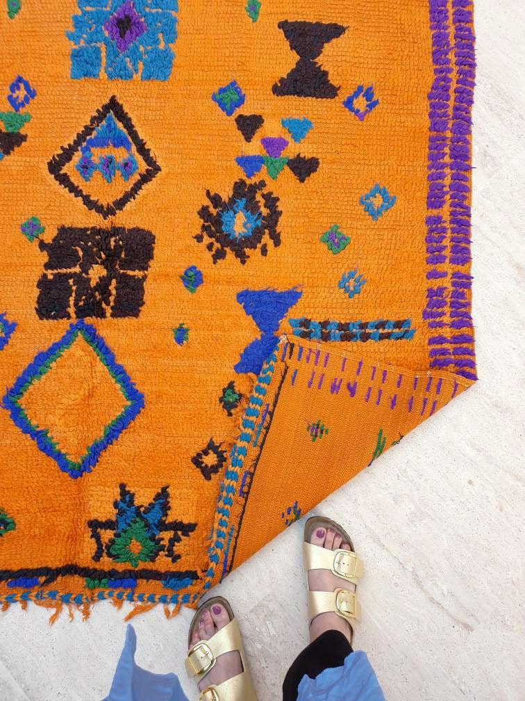 Stunning Moroccan Rug 5.1x8.1 Super Pretty Vintage Boujaad rug, Unique boujad rug, Blue Papaya Orange Berber carpet