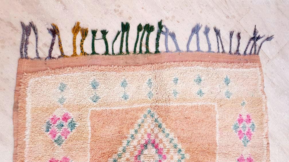 Stunning Vintage Moroccan Rug Boujaad rug 4.4x10.2 Blush Peach living room rug, large boujad rug