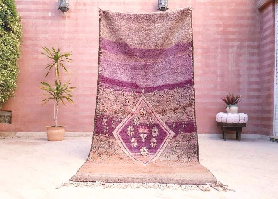 Vintage Moroccan Rug 3.9x8.5 Gorgeous Purple Peach Blush rug "Roses & Butterflies" Unique boujaad rug mauve purple rug