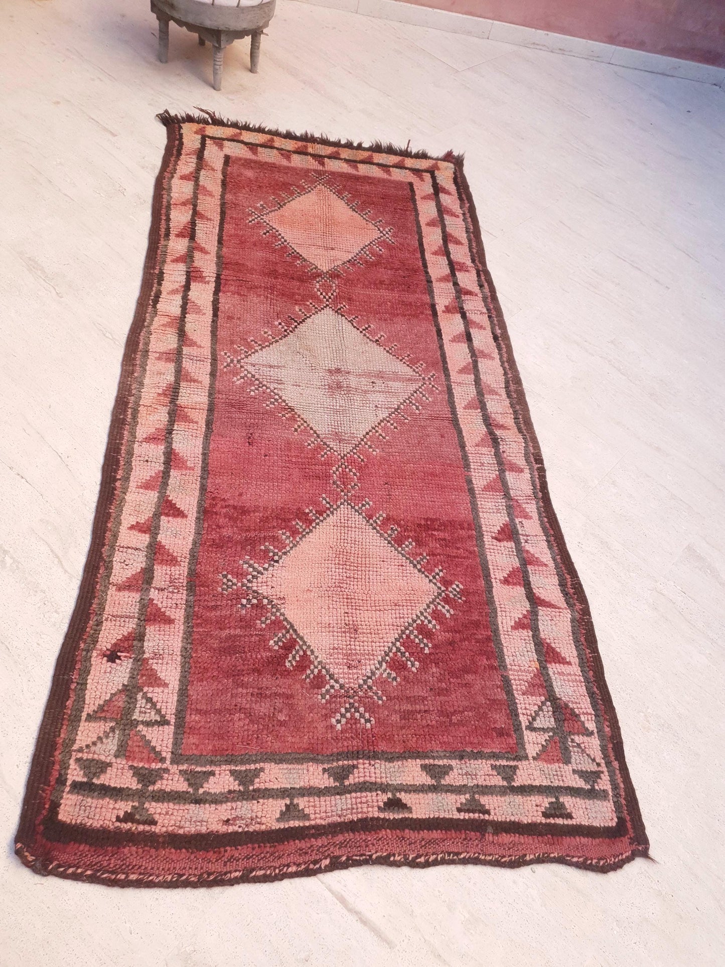 Vintage Moroccan Rug, Rare Terra Rose Boujaad Runner, 4.1x8.7 ft earthy pink & clay hallway rug, Handmade tribal diamond rug, One-of-a-kind
