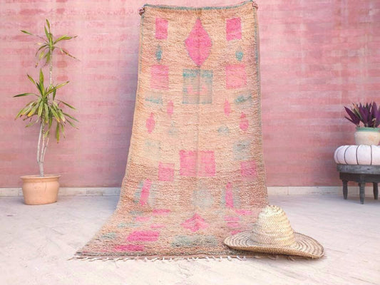 Vintage Moroccan Rug, Gorgeous Boujaad rug 3.8x9.3 Blush Peach Pink Rug Colorful living room rug, Abstract teal rug