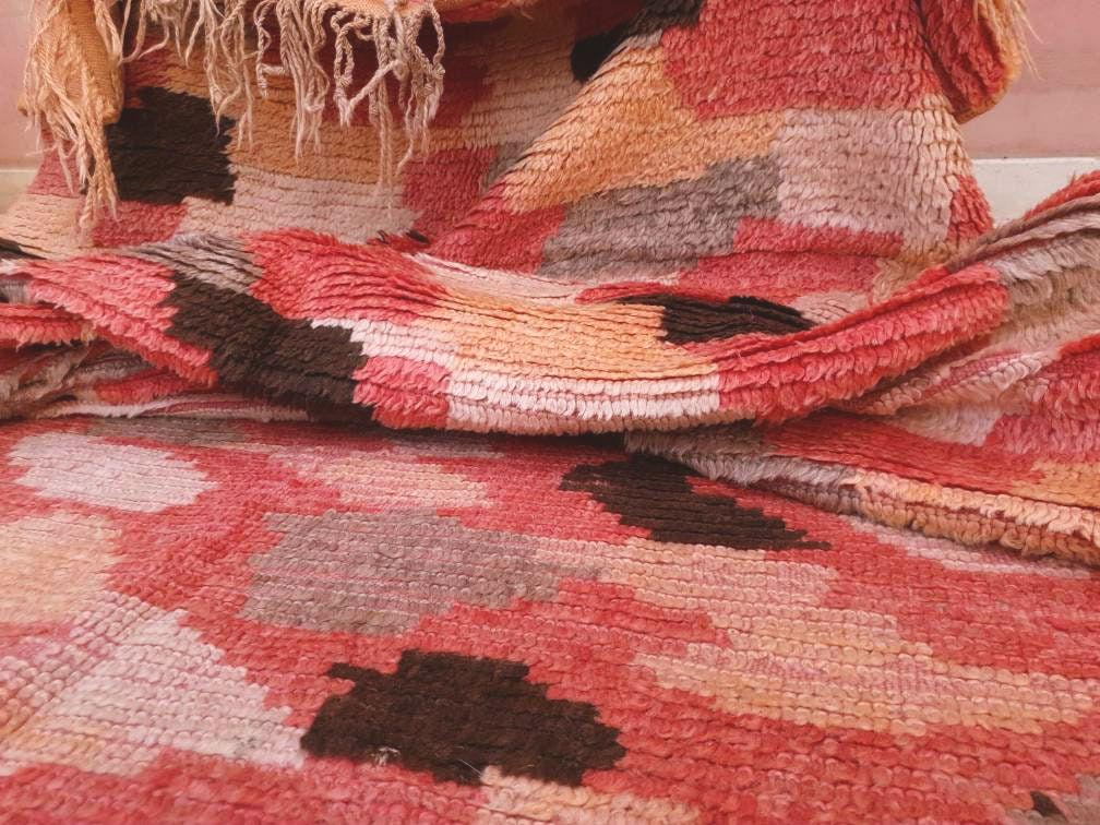 Vintage Moroccan rug 4.1x10.5 Stunning Boujaad rug, Checkered Boujad Rug, blush warm tones muted rug  living room rug