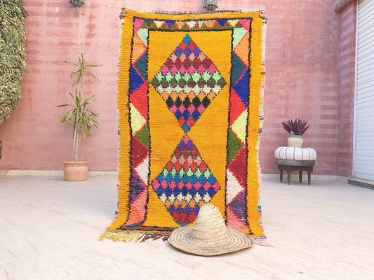 Vintage Moroccan Rug 3.3x5.7 Unique  Colorful Super Pretty vintage Moroccan Rug,  yellow boujaad rug, berber rug, artistic Happy Rug,
