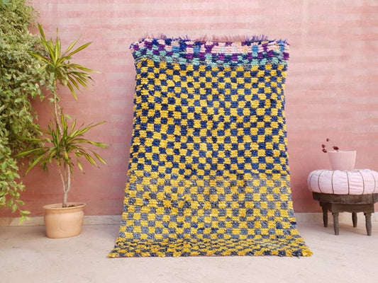 Vintage Moroccan rug 4.5x6.7 Beautiful & Unique Checkered Boucherouite Rug, Blue Yellow Berber Collector colorful Rug