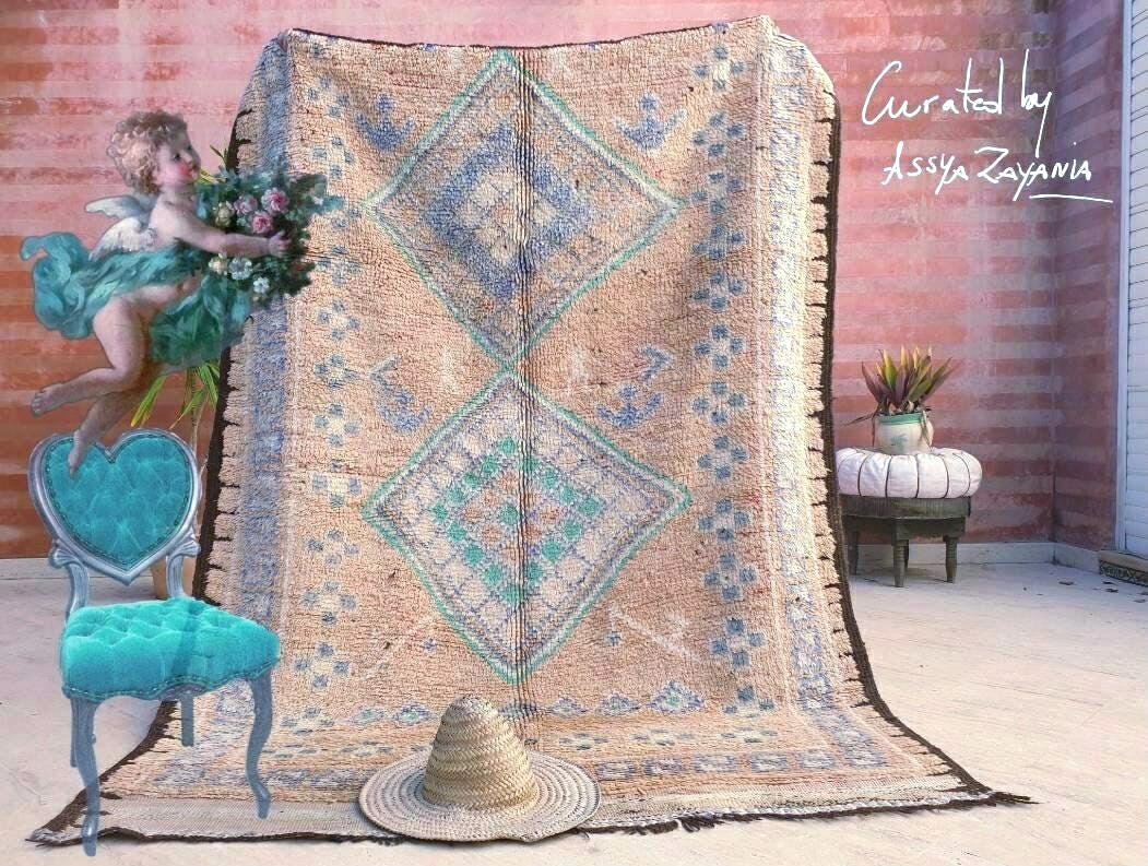 Vintage Moroccan Rug 5.4x7 Marvelous large cream rug Latté Boujaad Teal Beige rug, pastels morocan rug, squarish carpet