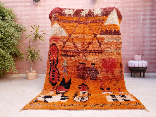 Orange Moroccan Rug 5.4x8.8 Abstract Burnt Orange maroon boujaad rug, Vintage Beni Ourain Rug, beni ourain Rug bedroom
