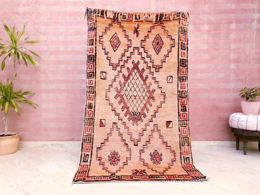 Vintage Moroccan Rug 3.7x7.9 Stunning Muted Blush Peach Like Unique Boujaad rug, Papaya Azilal Rug berber wool rug