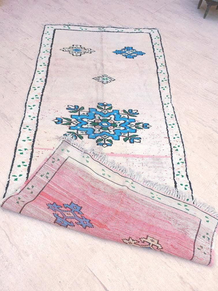 Vintage Moroccan Rug 4.6x10 Stunning pink White Boujaad Rug, unique tribal morocco rug, large boujad rug