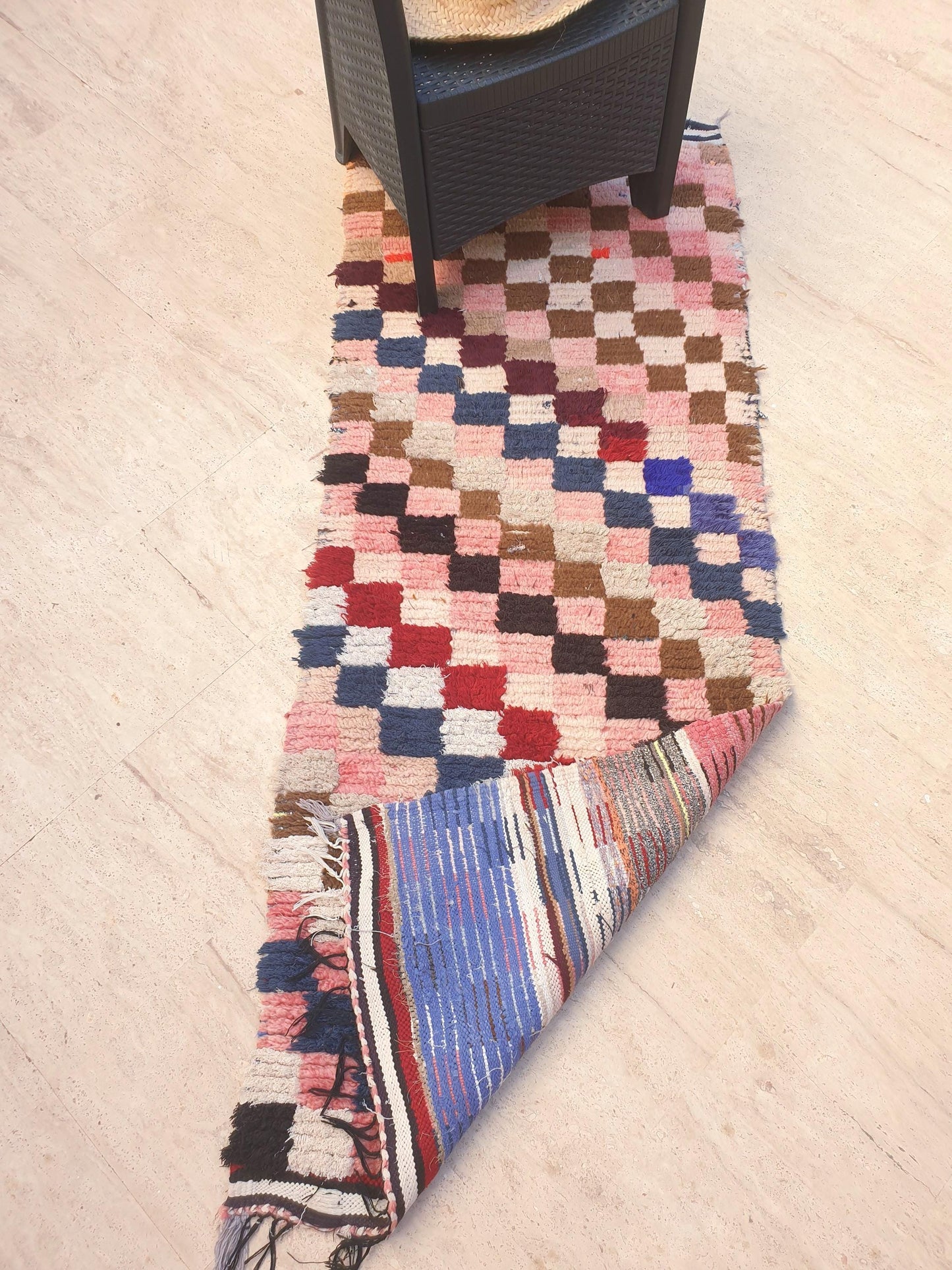 Gorgeous Moroccan Runner Rug • 2.5ft x 6.6ft • Checkered Boujaad Rug • Blush Brown Pink rug • Colorful Boucherouite rug