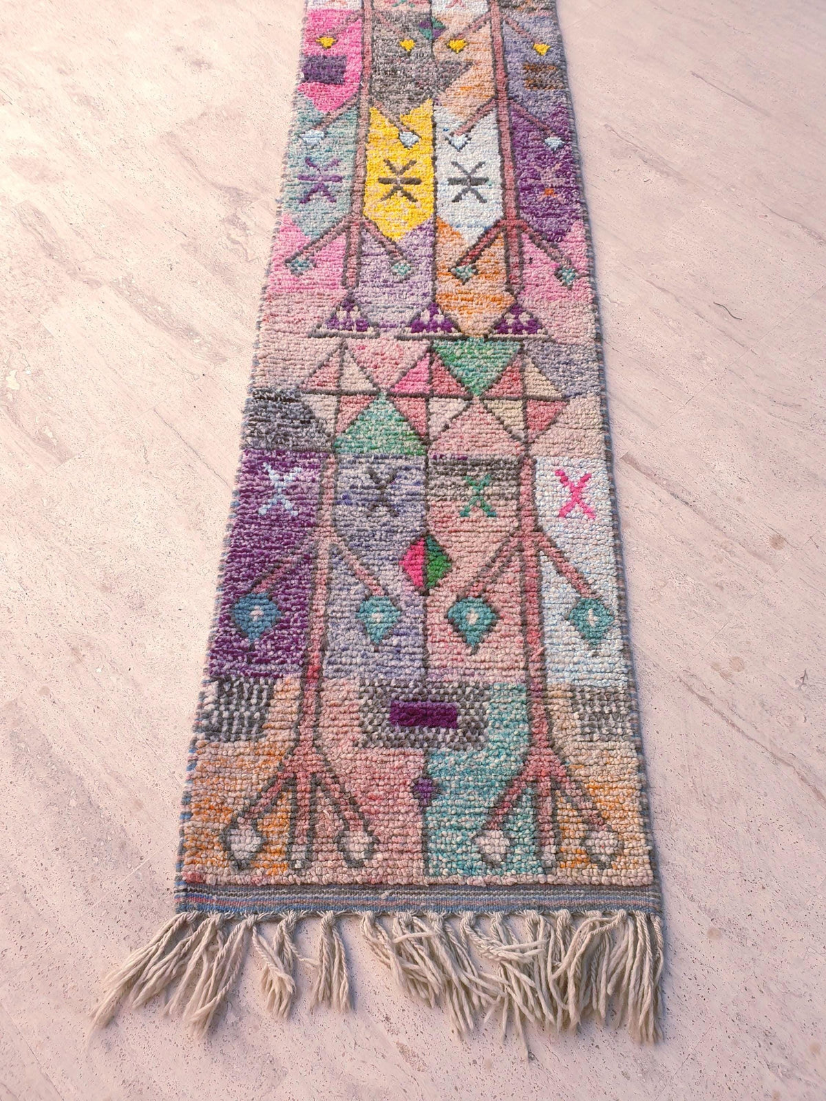 Pastel Tribal Moroccan Runner Rug – 2x10.5 Berber hallway rug, soft pinks & mustard tones, Vintage handmade Boujaad runner, boho eclectic