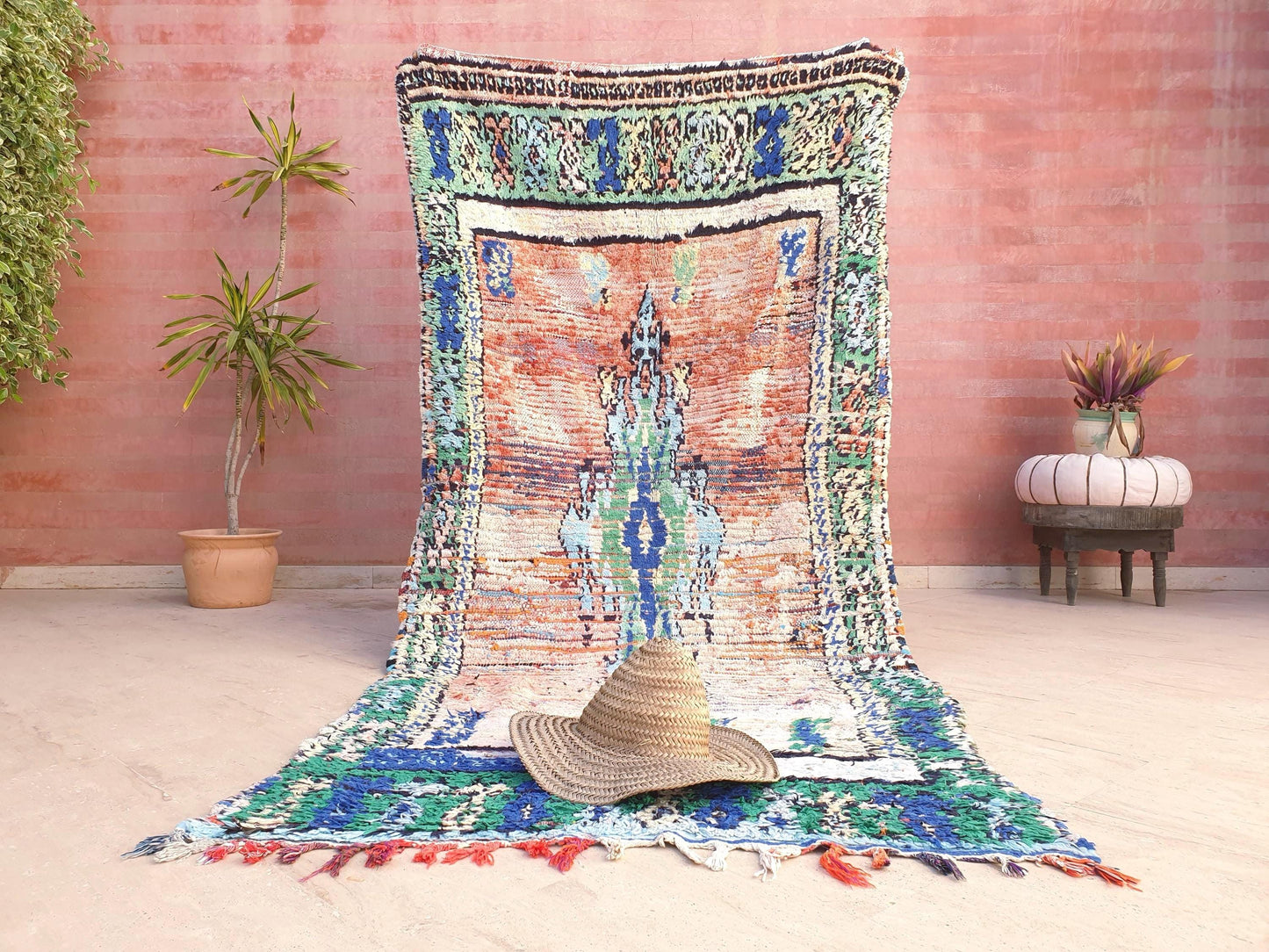 Vintage Moroccan Rug, Painterly Abstract Boujaad rug , 4.2x9 ft Earth & Ocean Tones pastels rug, pastel bohemian rug