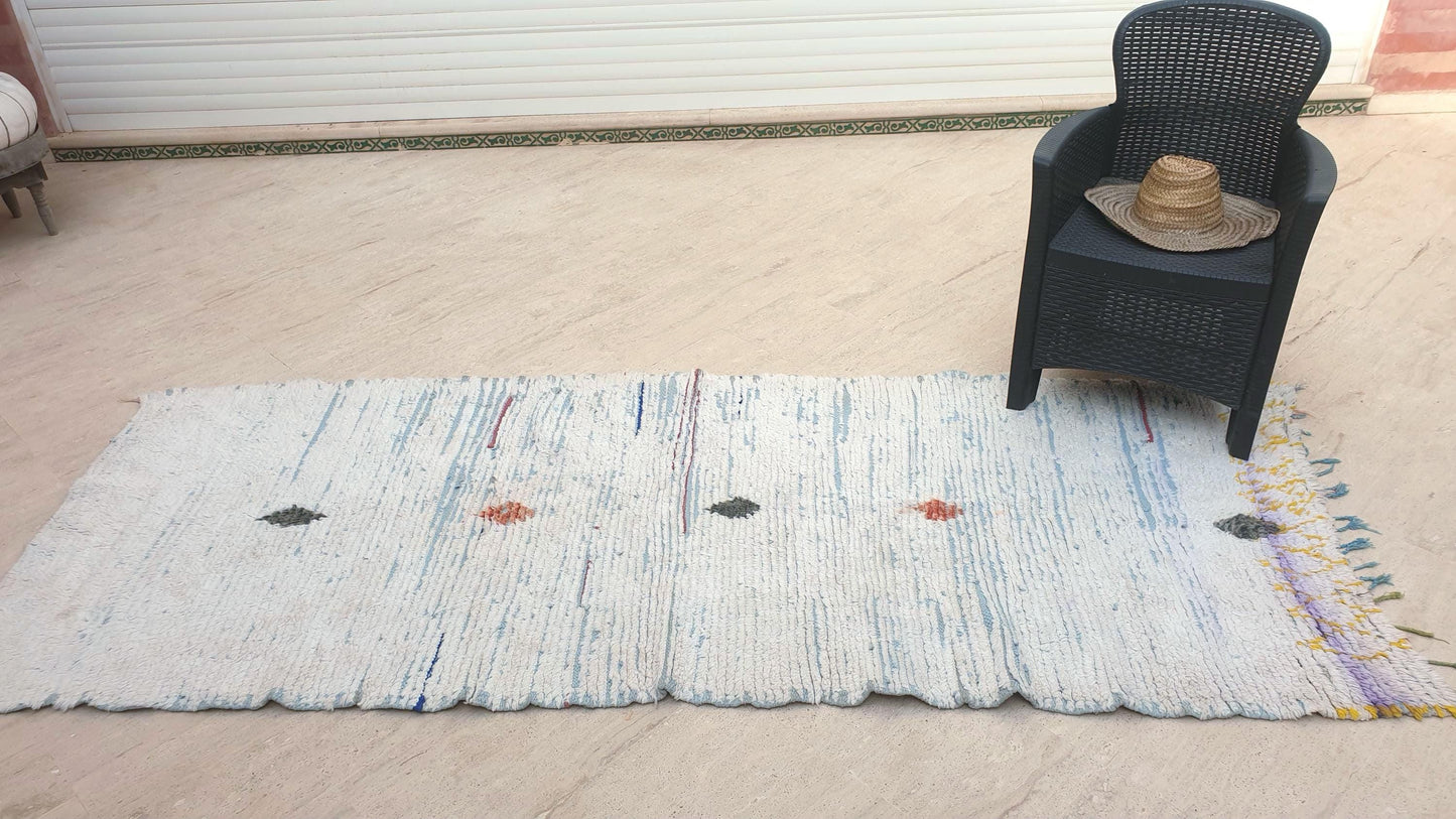 Stunning Moroccan Runner Rug 3.5x9  Ivory Cream, Sky Blue White boucherouite wool rug