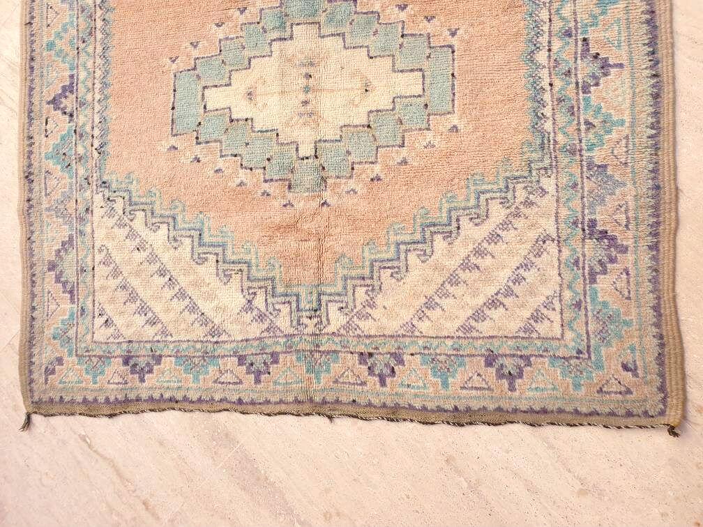 Vintage Moroccan rug 5x8.5 Precious Blush teal lavender Rug, Peach boujaad rug, Unique Taznakht rug