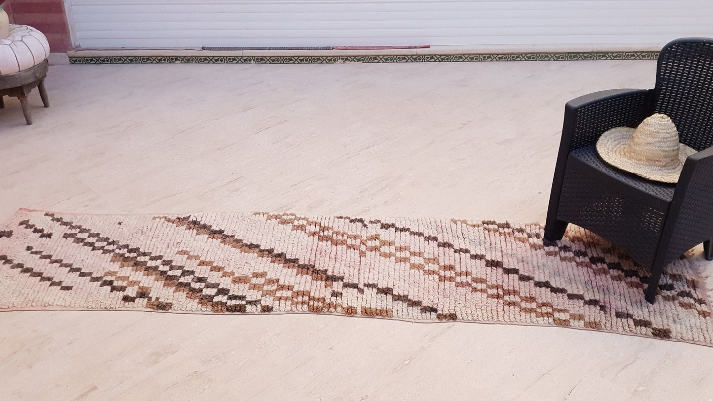 Vintage Moroccan Rug 2.4x9.8 checkered Boujad Runner Rug, Super unique Berber Brown Blush hallway Rug, boho boujaad rug