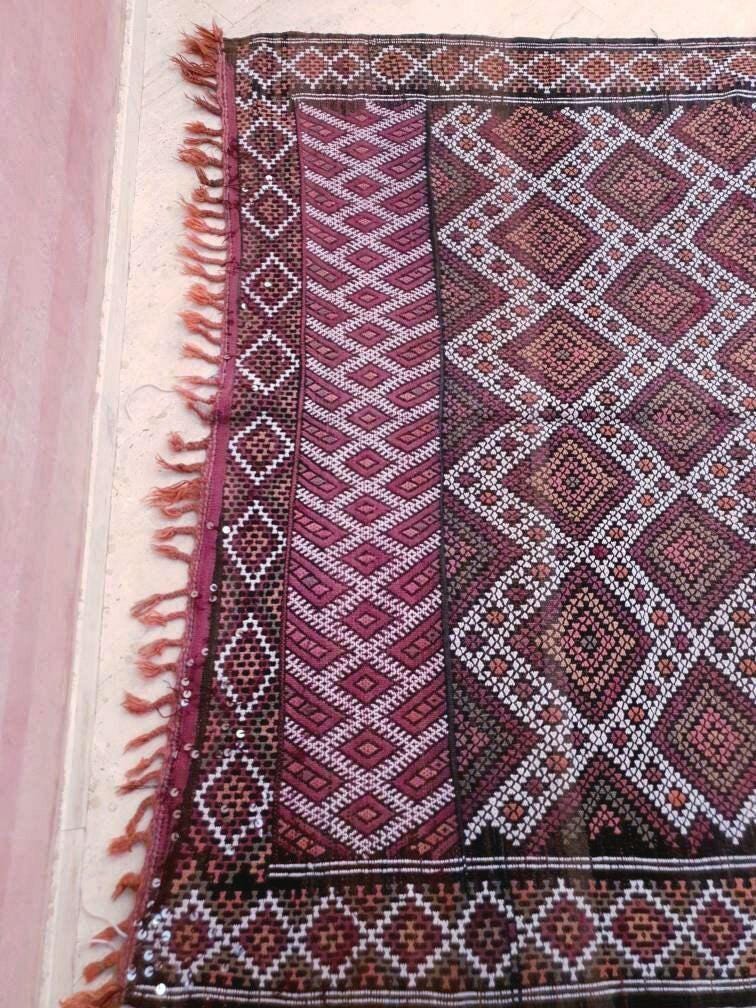Vintage Moroccan Rug 6.3x11.8 Stunning kilim rug, Large area rug Vintage sequins berber rug Bedroom Rug, Warm Red Orang