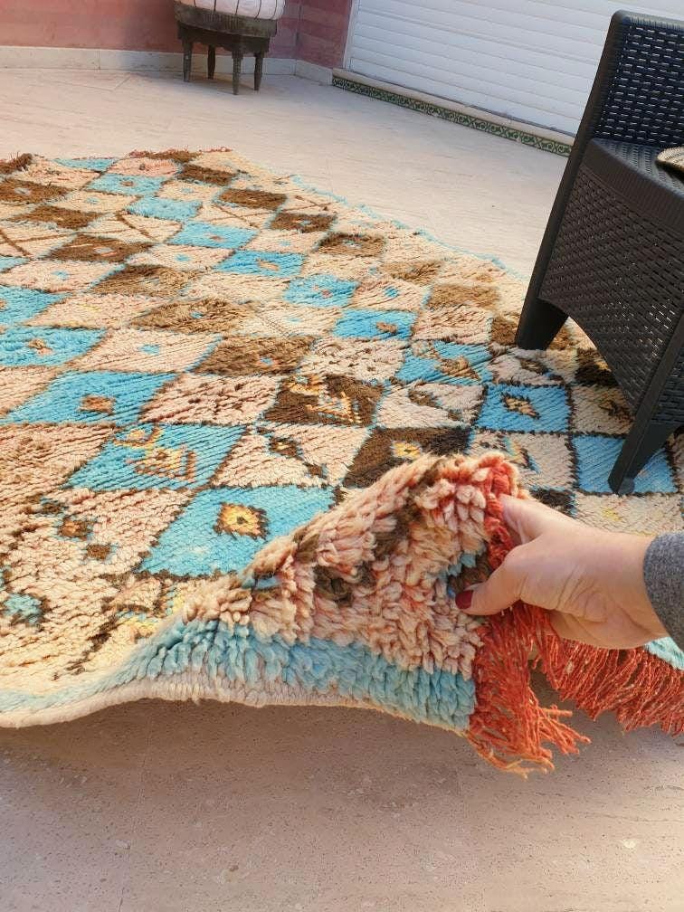 Vintage Moroccan Rug 5.6x7.5 Stunning Blush Peach Blue Boujaad rug Geometric boujad rug, Moroccan rug | Pastels carpet