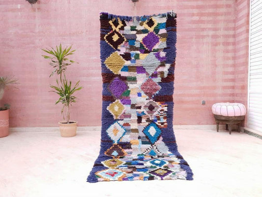 Vintage Morocan rug 3.3x8.5 Stunning Artistic runner rug "Starry Night" living room rug, blue hallway rug bedroom rug