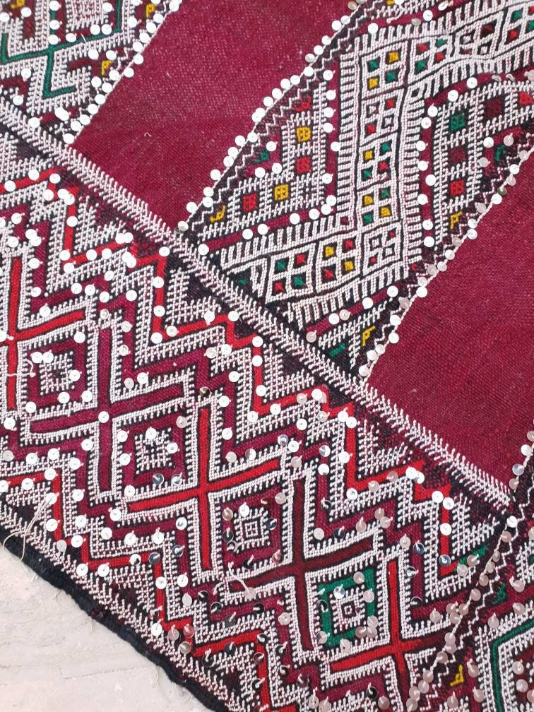 Vintage Sequined Berber Rug | 4x10 ft Maroon Moroccan Kilim Runner