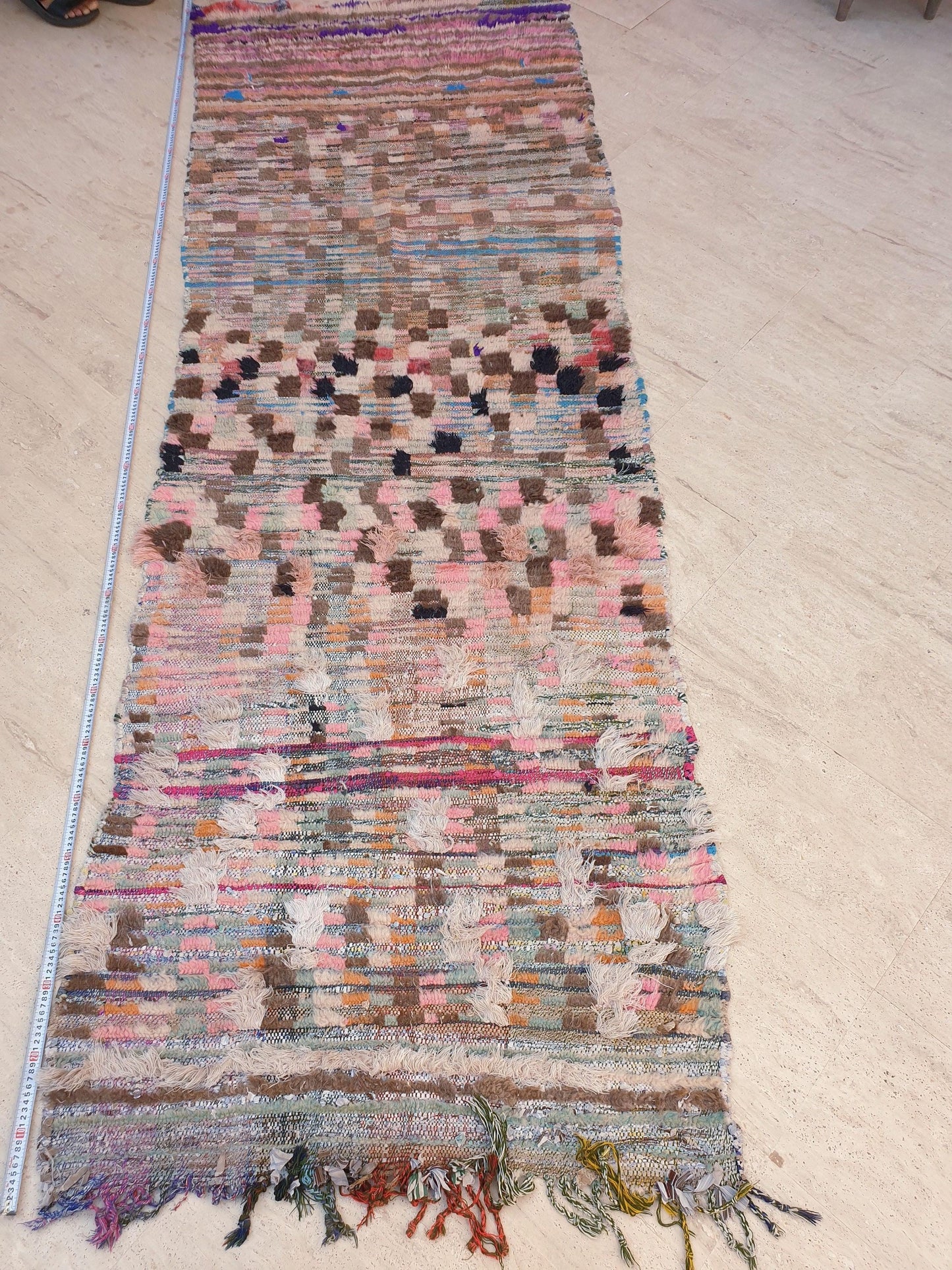 Vintage Moroccan rug 3.3x10 Gorgeous Blush earth tones Checkered rug | Pinl Brown Boujaad rug, boujad statement piece