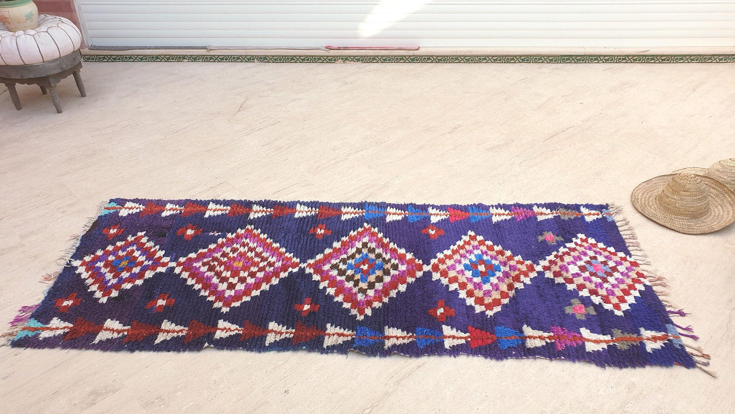 Vintage Moroccan rug 3x7.8 Gorgeous blue purple Boucherouite Rug, hallway rug, geometric runner rug, blue boujaad rug