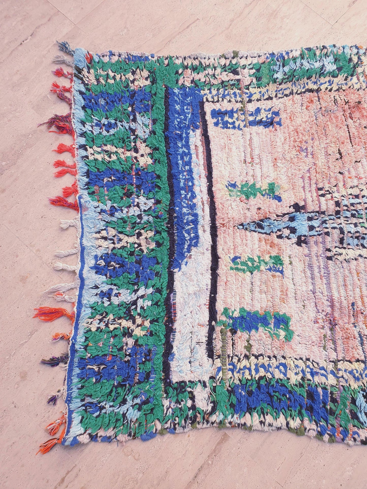 Vintage Moroccan Rug, Painterly Abstract Boujaad rug , 4.2x9 ft Earth & Ocean Tones pastels rug, pastel bohemian rug