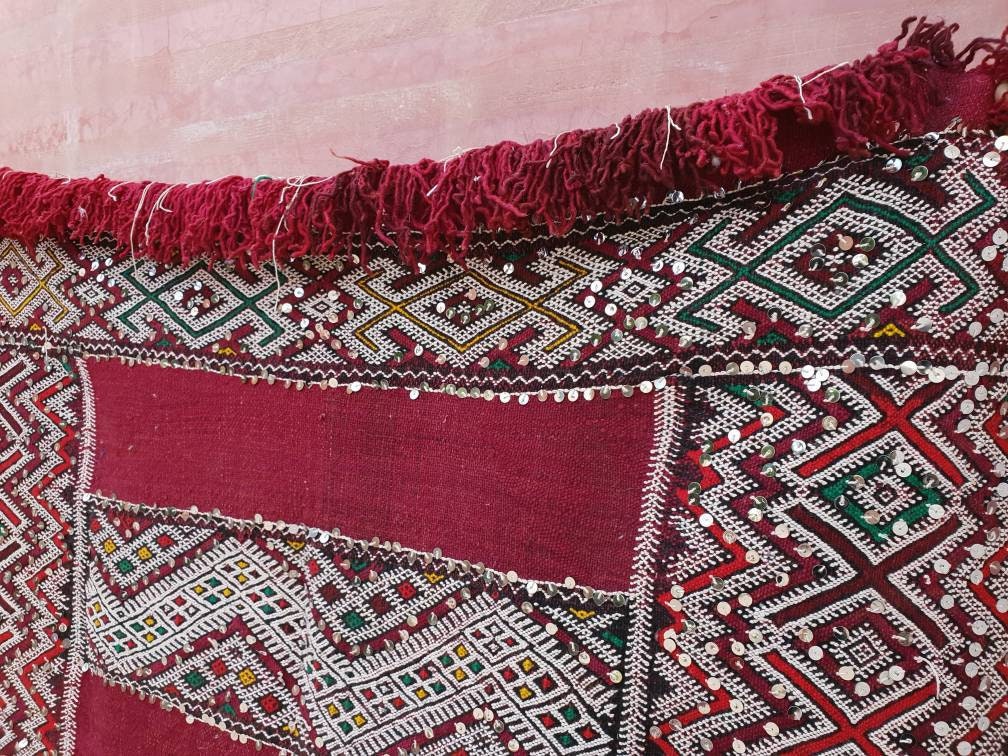 Vintage Sequined Berber Rug | 4x10 ft Maroon Moroccan Kilim Runner