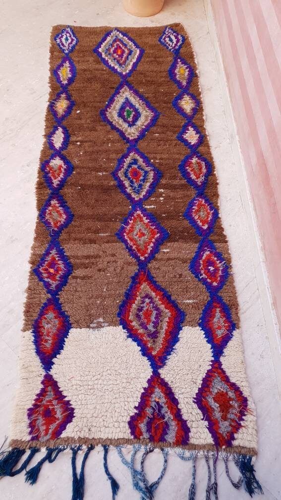 Gorgeous Vintage Moroccan runner rug 2.8x7.7 Unique offwhite brown hallway rug, brown cream boujaad rug, Azilal rug