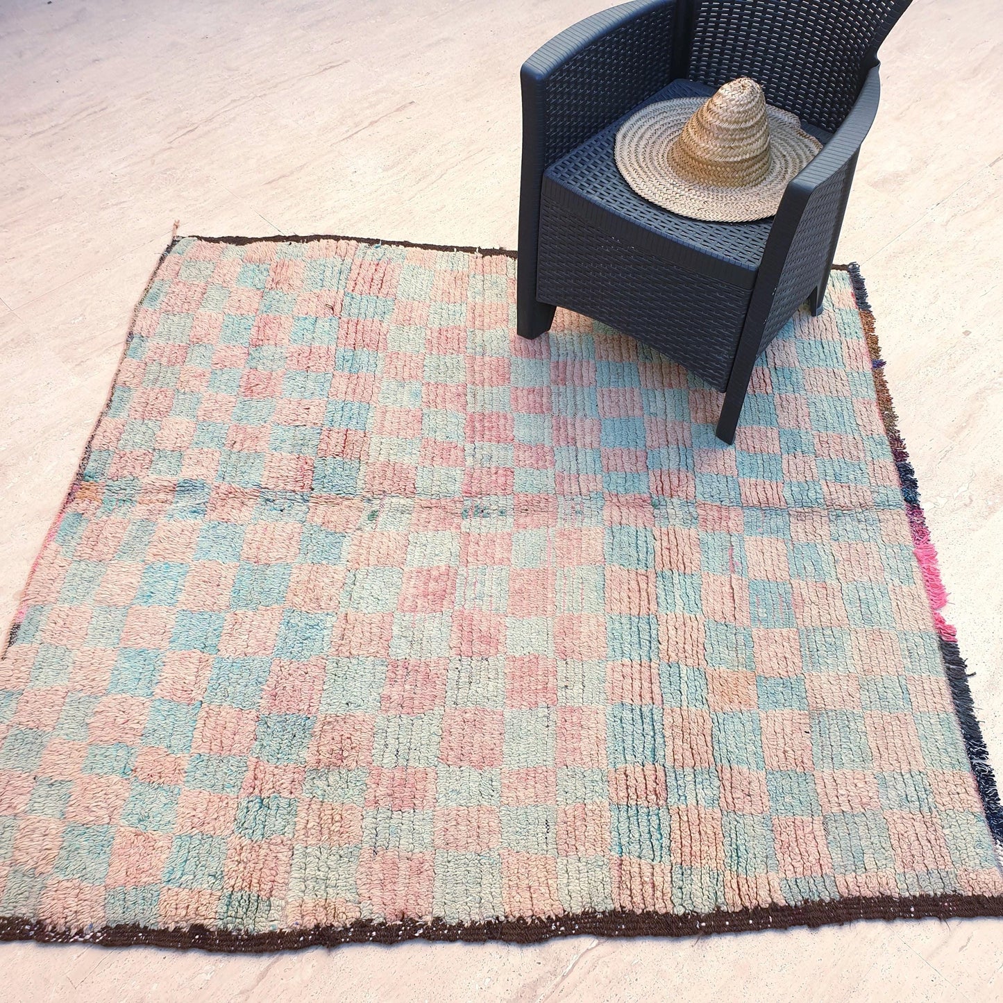 Pastel Checkered Boujaad Rug, 5.1x5.4 ft pastel aqua blush rug, Vintage Moroccan rug, Vintage Boujaad squarish rug