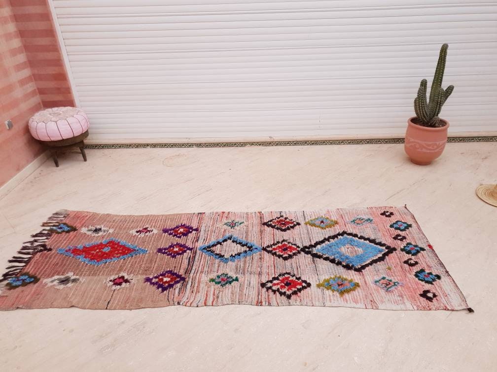 Vintage Moroccan Rug 3.5x9.5 boujaad runner rug blush pink rug living room rug hallway rug bedroom rug pink rug