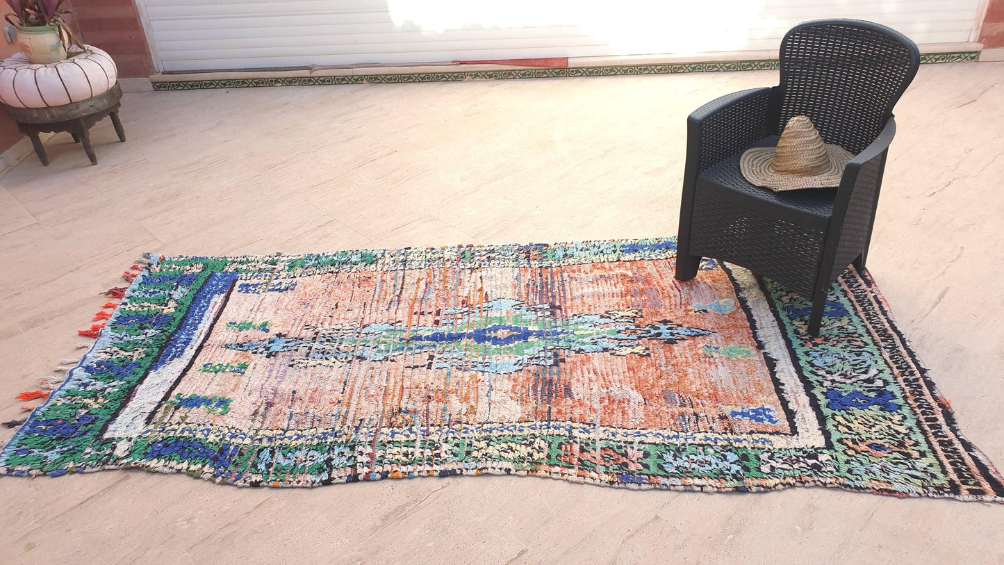 Vintage Moroccan Rug, Painterly Abstract Boujaad rug , 4.2x9 ft Earth & Ocean Tones pastels rug, pastel bohemian rug