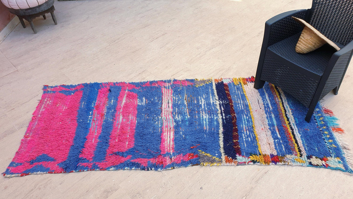 Vintage Moroccan Rug 3.2x7.8 Gorgeous Blue Pink Rug Boujaad Rug, fushia turquoise artistic Rug, boho boujaad rug