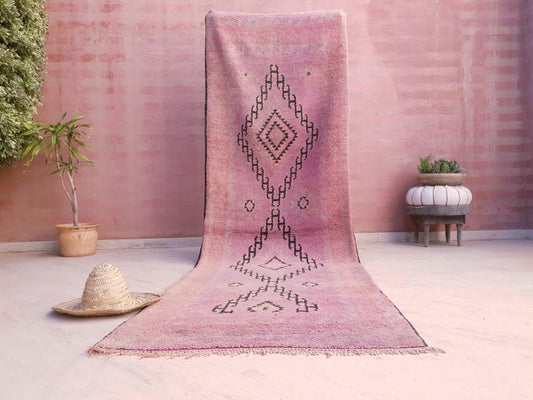 Vintage Moroccan Runner 3.4x10.7 ft • Blush Pink Boujaad Rug with Diamond Symbols • One-of-a-Kind Tribal Berber rug • pastels rug