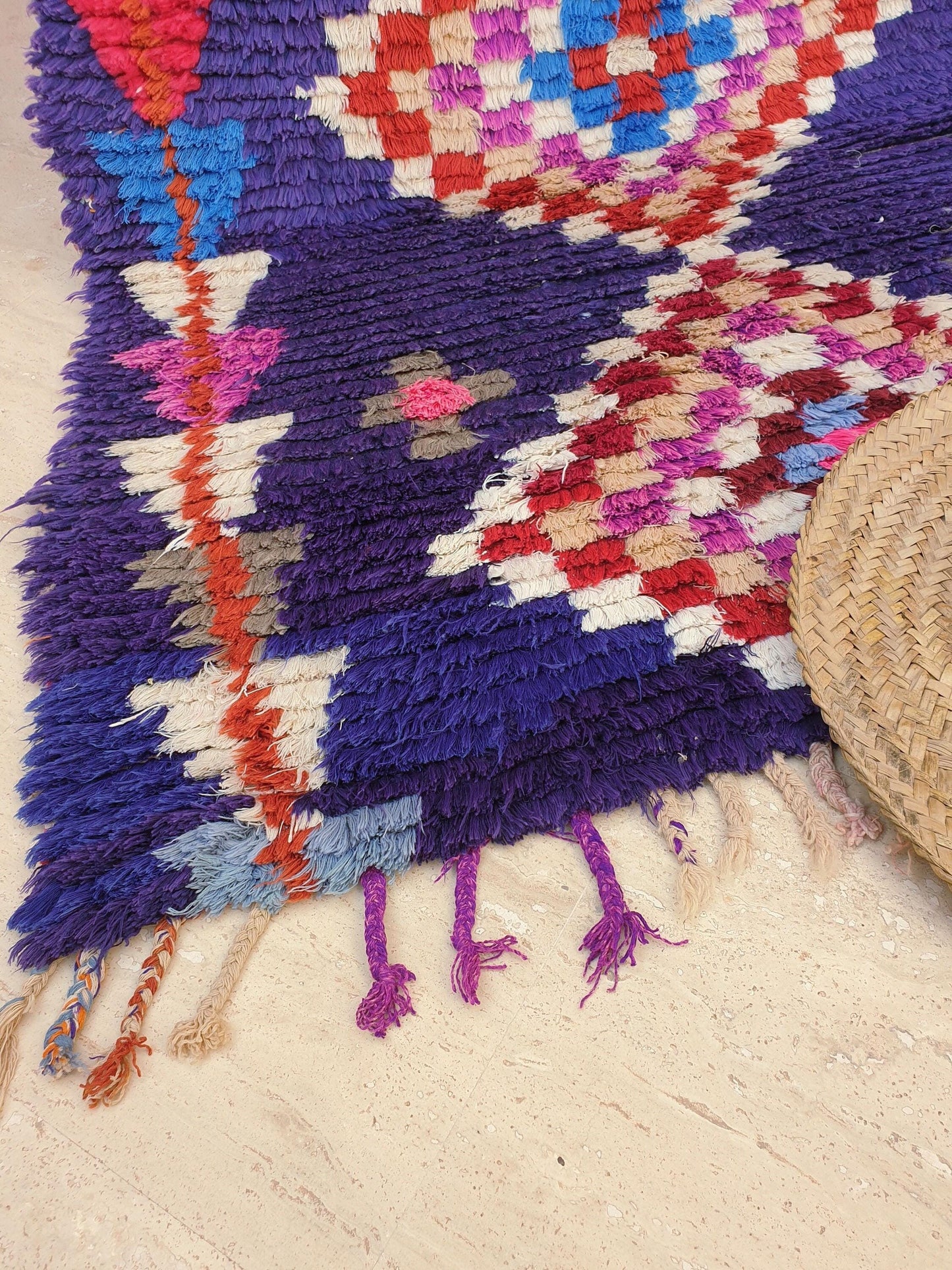 Vintage Moroccan rug 3x7.8 Gorgeous blue purple Boucherouite Rug, hallway rug, geometric runner rug, blue boujaad rug