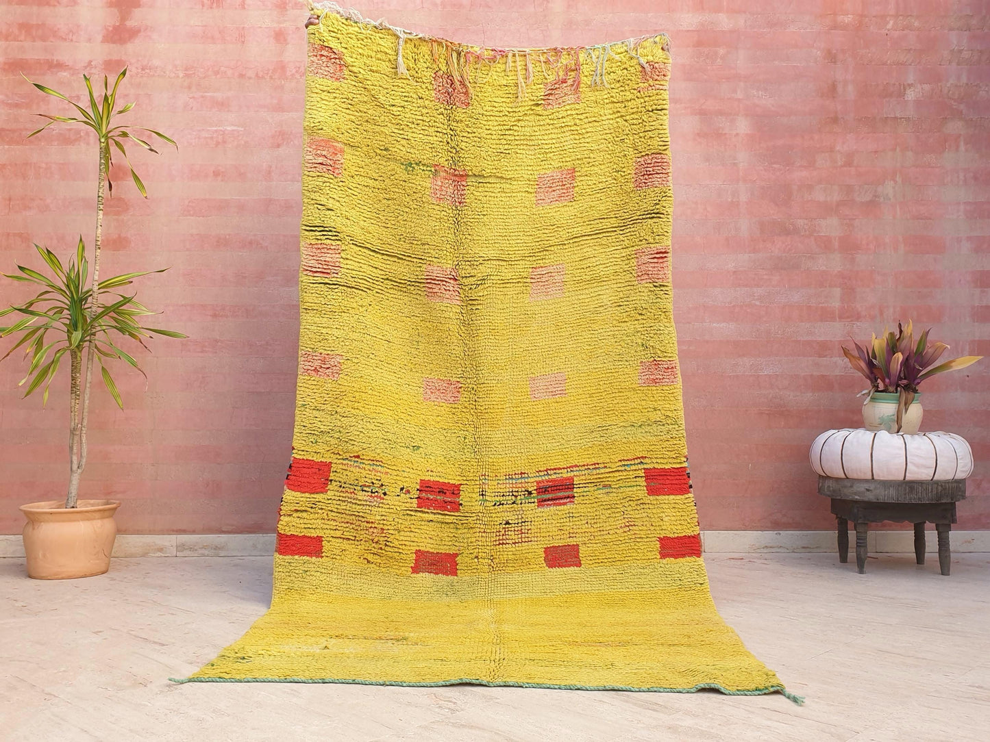 Vintage Moroccan Boujaad Rug KISS of Klimt, Yellow Wool with Red Accents, 4.2x8.6 ft