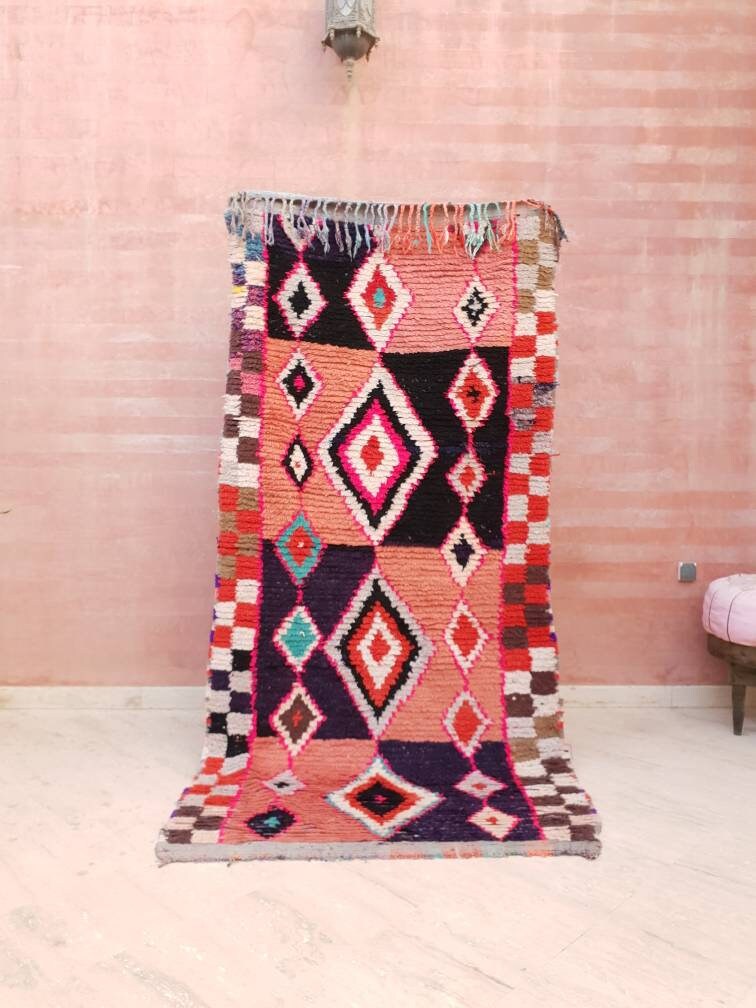 Vintage Berber Runner Rug, Black Pink Boujaad Moroccan Rug (3.6x7.8 ft)