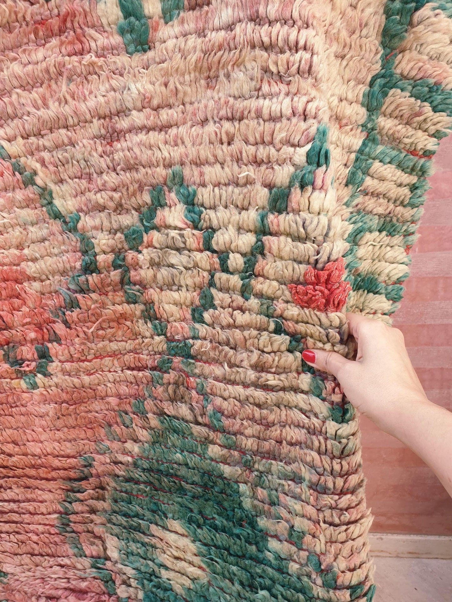 Vintage Boujaad Moroccan Rug, Earthy Blush Pink and Teal, 6.2x11.2